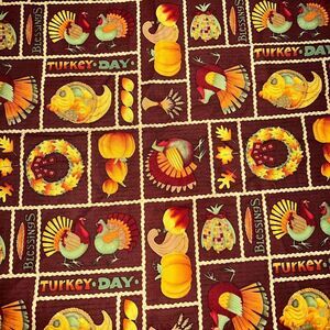 Fall Thanksgiving Fabric Turkey Day Brown Cornucopia Pumpkins Leaves 19" x 44"